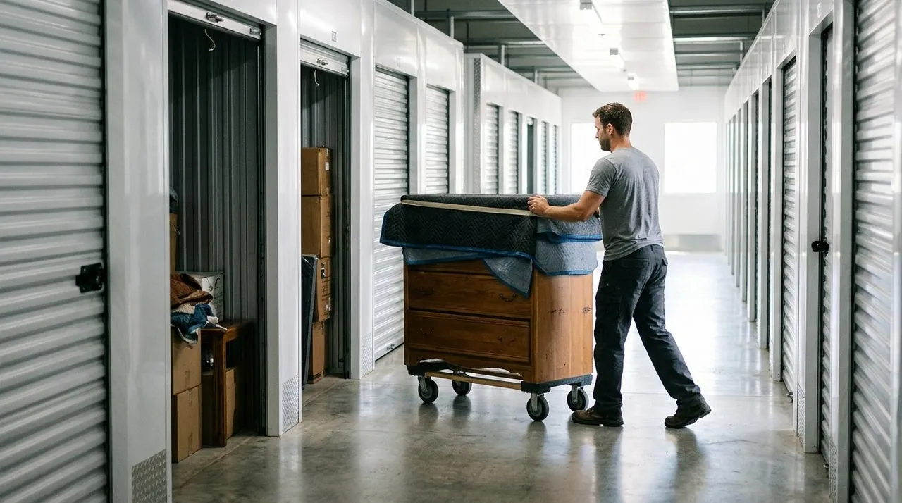 Mover rolling wrapped wooden dresser through a climate-controlled furniture storage hallway in Baton Rouge. Mover rolling wrapped wooden dresser through a climate-controlled furniture storage hallway in Baton Rouge.
