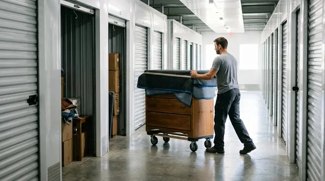 Mover rolling wrapped wooden dresser through a climate-controlled furniture storage hallway in Baton Rouge. Mover rolling wrapped wooden dresser through a climate-controlled furniture storage hallway in Baton Rouge.