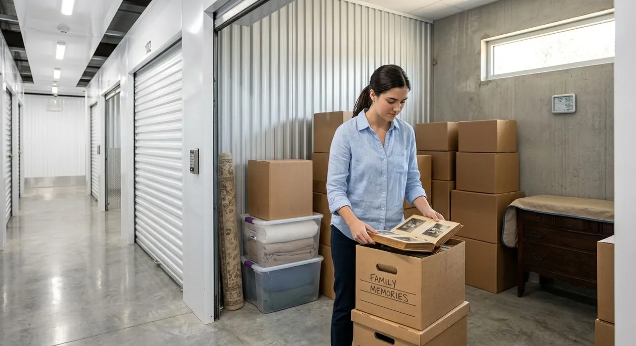 Industrial warehouse buildings with stacked boxes by a loading door on a paved lot Industrial warehouse buildings with stacked boxes by a loading door on a paved lot