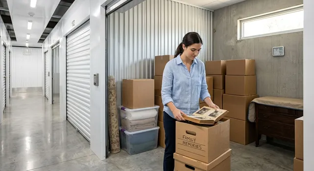 Industrial warehouse buildings with stacked boxes by a loading door on a paved lot Industrial warehouse buildings with stacked boxes by a loading door on a paved lot