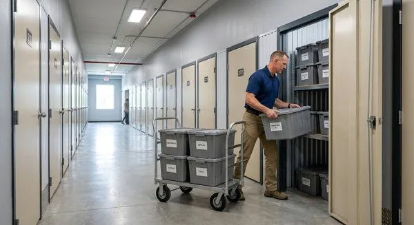 Industrial warehouse buildings with stacked boxes by a loading door on a paved lot Industrial warehouse buildings with stacked boxes by a loading door on a paved lot