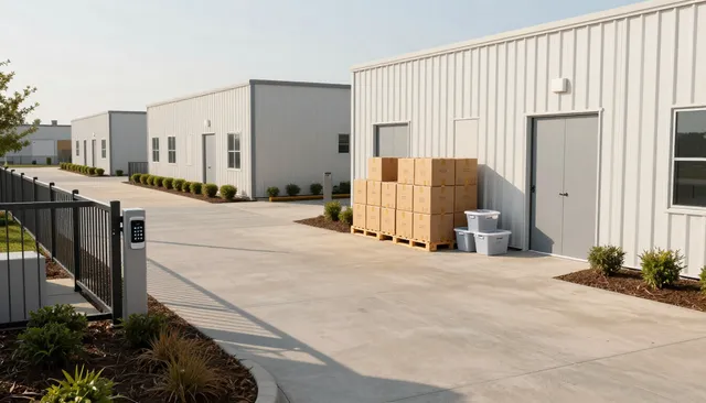 Industrial warehouse buildings with stacked boxes by a loading door on a paved lot Industrial warehouse buildings with stacked boxes by a loading door on a paved lot